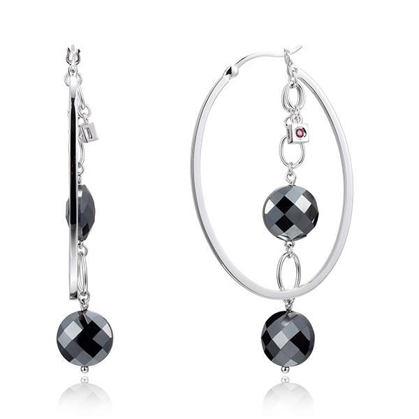 ER2LBUE28-W Sterling Silver Hematite Double Stone Dangle 35mm Hoop Earrings