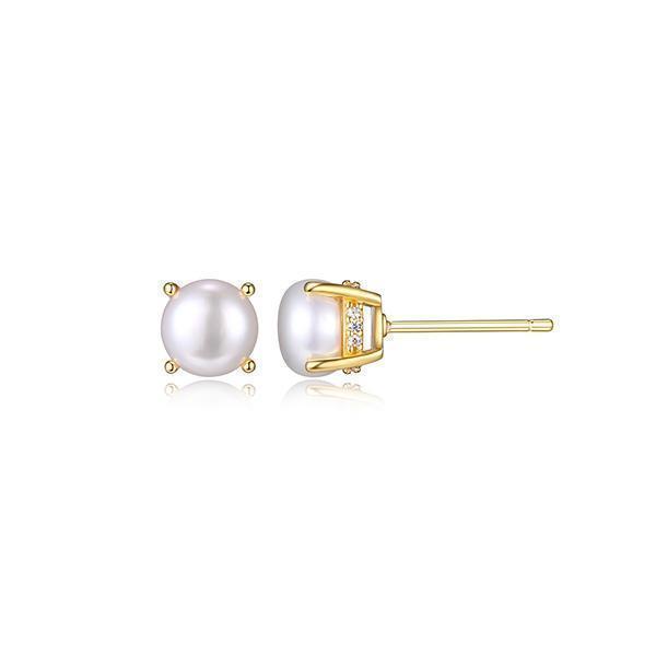 Diamondlite Cubic Zirconia 6mm Genuine White Pearl Stud Earrings - Gold