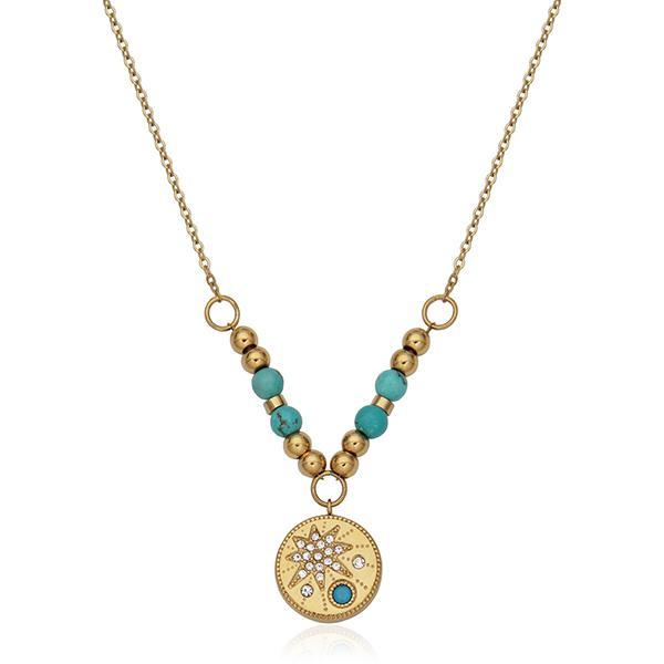 CJ STEELX Turquoise and Crystal Star Medallion Adjustable Necklace Size 20 - Gold