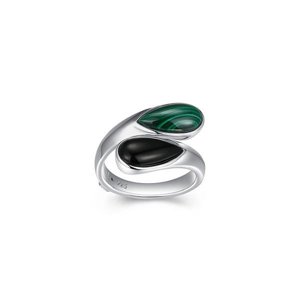 RR4LAGX97-W-7 Sterling Silver ETHEREAL DROPS Pear Shape Black Agate and Malachite Bypass Ring Size 7