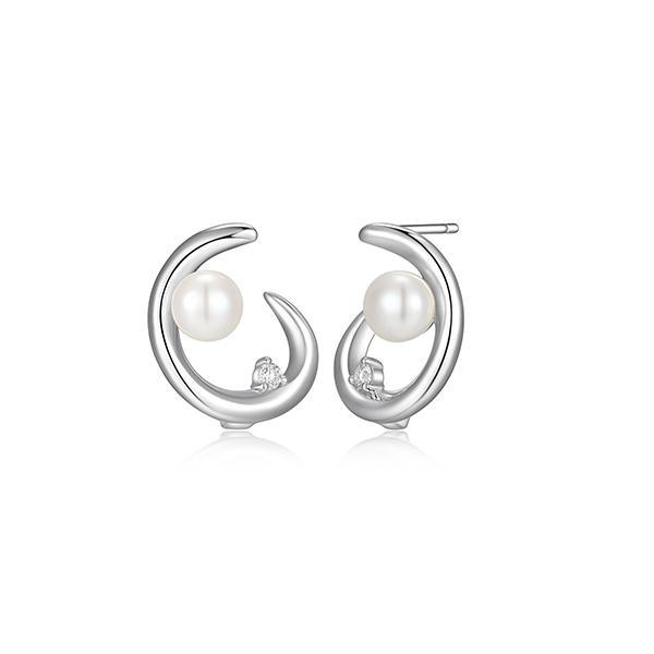 ER2LCR345-W Sterling Silver SATELITE White Pearl and Moissanite Half Hoop Stud Earrings