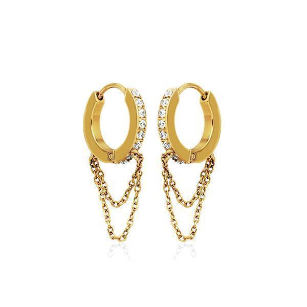 CJ Steelx 14.5mm CZ and Double Chain Huggie Hoop Earrings - Gold