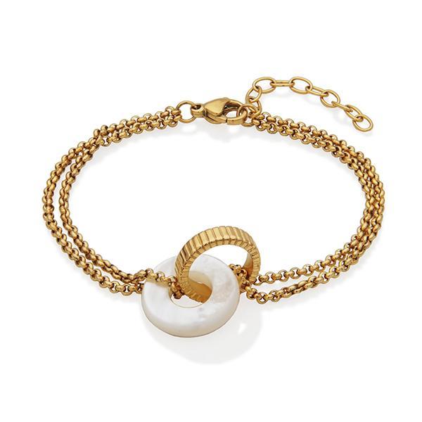 CJ STEELX Mother of Pearl and Ridged Interlock Double Chain Bracelet Size 6.5 - Gold