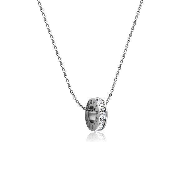 CJ Steelx Round Crystal Pendant with Roman Numeral Detail