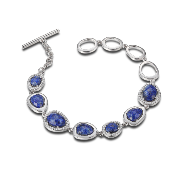 BR1LA6L2-W-7.5 Halo Lapis Lazuli Cubic Zirconia Toggle Bracelet Size 7.5