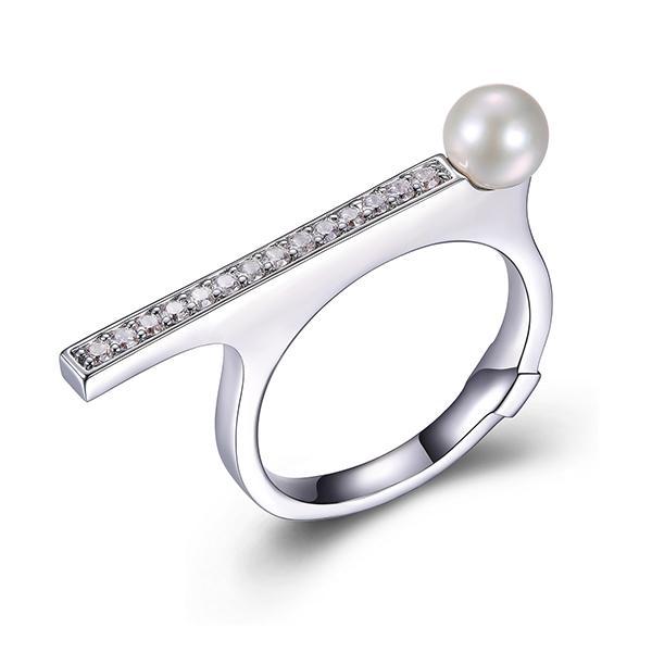 RR4LA4N45-W-8 Sterling Silver MAJESTIC Genuine White Pearl Cubic Zirconia Long Bar Ring Size 8