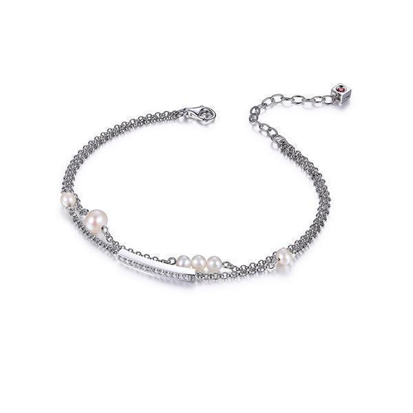 BR1LAAD-W "Majestic" Sterling Silver White Pearl and Cubic Zirconia Bar Double Strand Bracelet