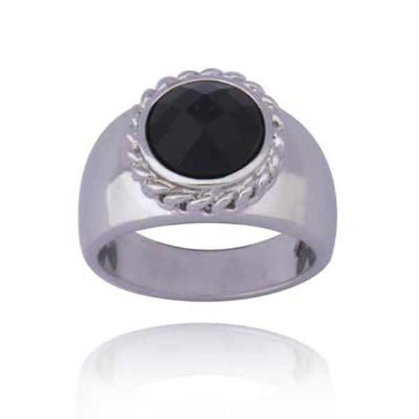 RR4L80527-W-7 Sterling Silver Black Agate Round Ring Size 7