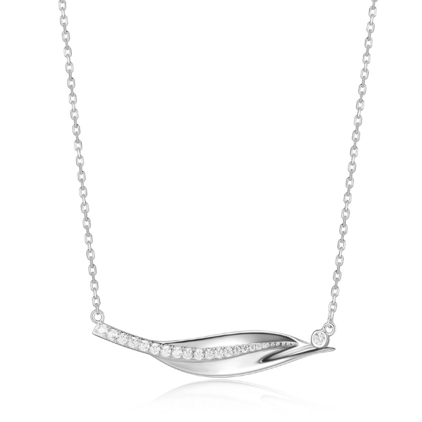NR0LBL40-W Foliage Cubic Zirconia Horizontal Leaf Necklace