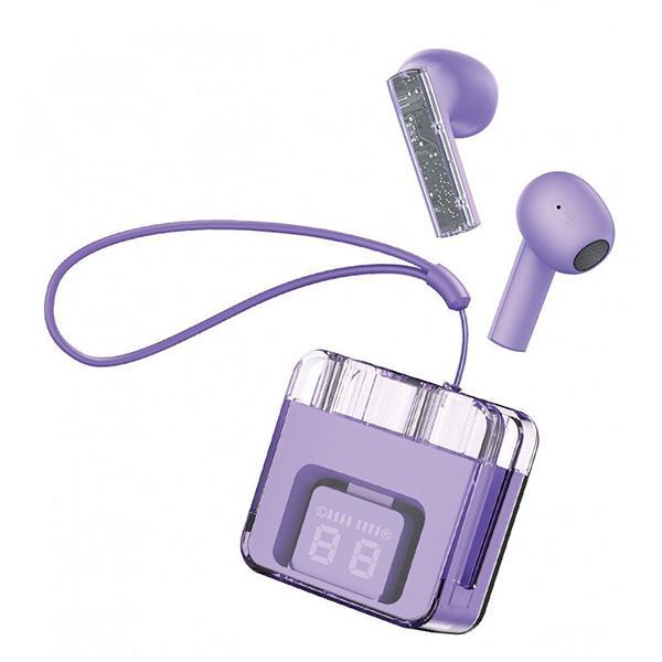 Transparent Design Noise Reduction Semi-In-Ear Wireless Earphones With Digital Battery Display and Carrying Strap KIF08 for Universal Cell Phone And Bluetooth Device - Purple