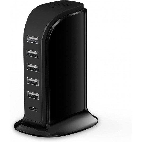 6 Multi Ports Charger Station with Type C Output and Up to 40W Fast Charging for Universal Cell Phone And Devices - Black