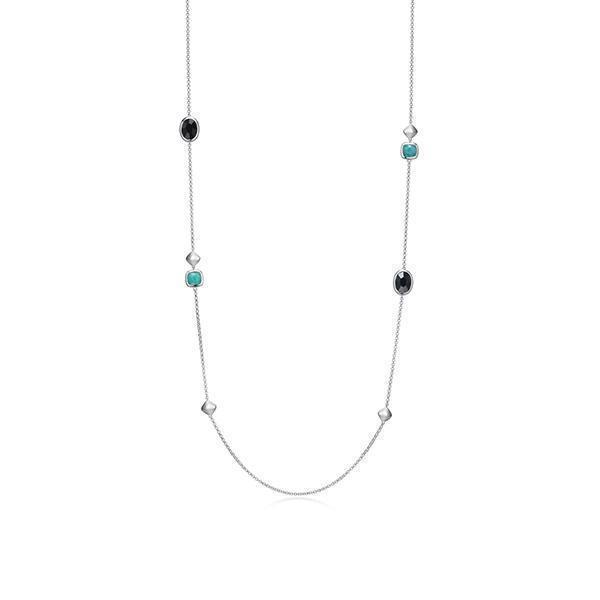 NR0LBU3-W "Mirage" Cushion Cut Amazonite and Oval Hematite Station Long Necklace