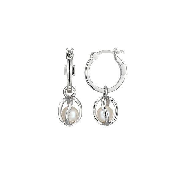 ER2LCQF-W "Luna" Sterling Silver White Pearl and Cage 15mm Hoop Earrings