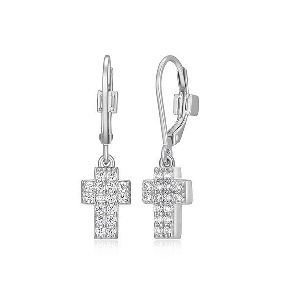 ER2LCTG00-W Sterling Silver HUMANITY Cubic Zirconia Cross Leverback Dangle Earrings