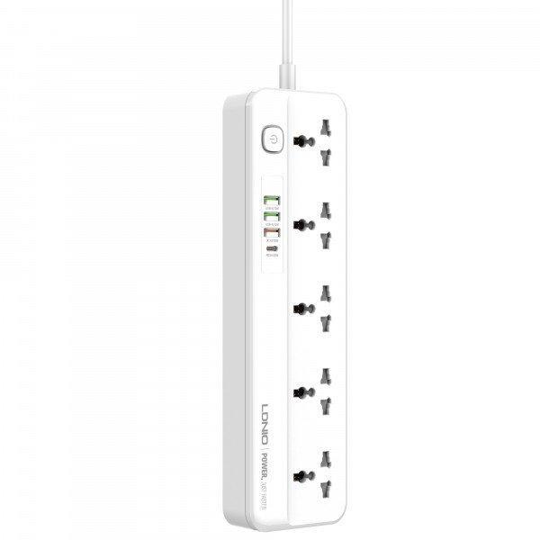 Multi Port Power Strip 5 Outlets, 3 USBA PD/QC 3.0 Ports and 1 USBC 20W PD, with Switch Button SC5415 for Universal Cell Phone And Devices - White