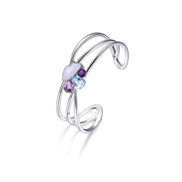 BR1LABWA-W-7.25 Bouquet Chalcedony, Amethyst and Quartzite Open Cuff Bracelet Size 7.25
