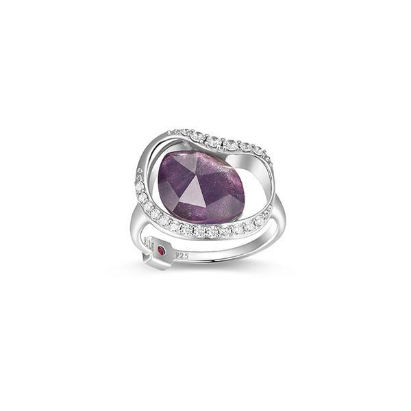 RR4LAHNGV-W-6 Sterling Silver TREASURE White Crystal and Amethyst CZ Oval Statement Ring Size 6