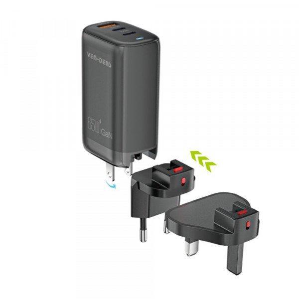 65W GaN Fast Wall Charger with 3-Ports USB-C PD & USB-A QC3.0 Travel Adapter with Interchangeable US/UK/EU Plugs for Universal Cell Phone, Device and More - Black