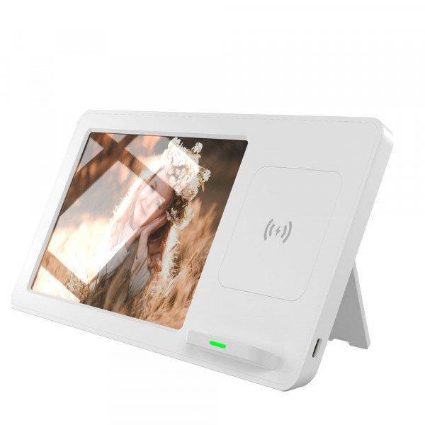 Premium 2-in-1 10W Qi Wireless Charging Stand with 4" x 6" Picture Frame Photo Display Set for Universal Cell Phones and Qi Compatible Device - White