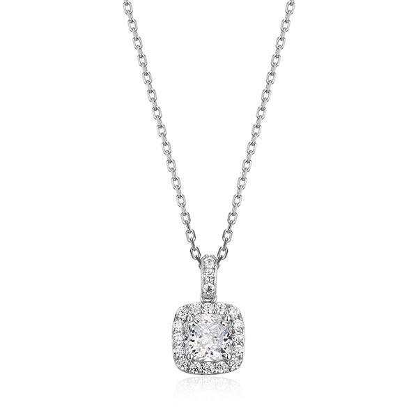 NR3LAKU00-W-17 Sterling Silver RADIANCE 6mm Cushion Clear Zirconia Halo Necklace Size 17