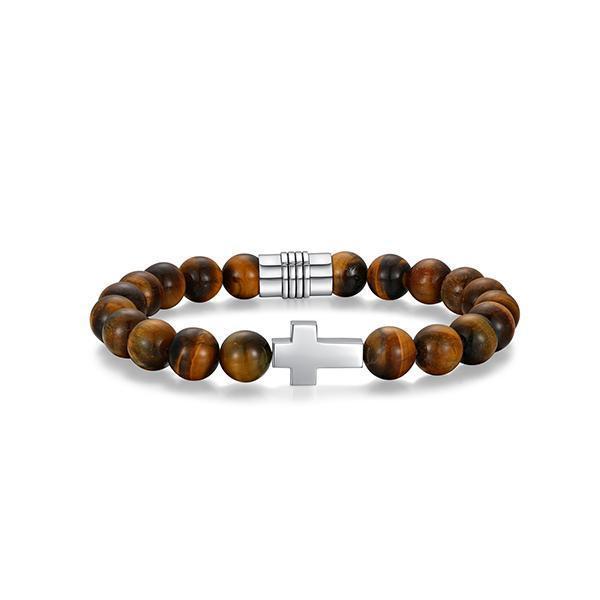 Sterling silver CJ Ethos STRATA 10mm genuine tiger eye beads & cross bracelet