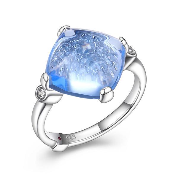 RR4LABSBV-W-7 Sterling Silver  Marble Cushion Cut Synthetic Blue Quartz and Cubic Zirconia Ring Size 7