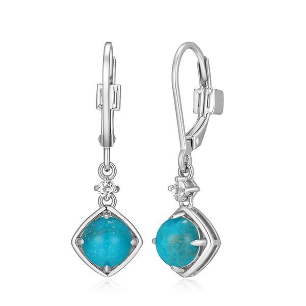 ER2LCULFV-W Sterling Silver SWAY Round Turquoise and White Topaz Drop Leverback Earrings