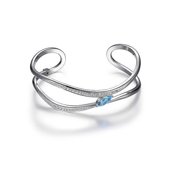 BR1LAEL-W "Moon Shadow" Sterling Silver Blue Topaz and Cubic Zirconia Open Cuff Bangle