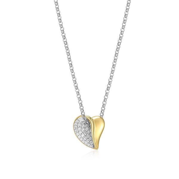 NR0LC0G00-2T-17 Sterling Silver AMOUR 3A Pave Cubic Zirconia Heart Pendant Two Tone Necklace Size 17