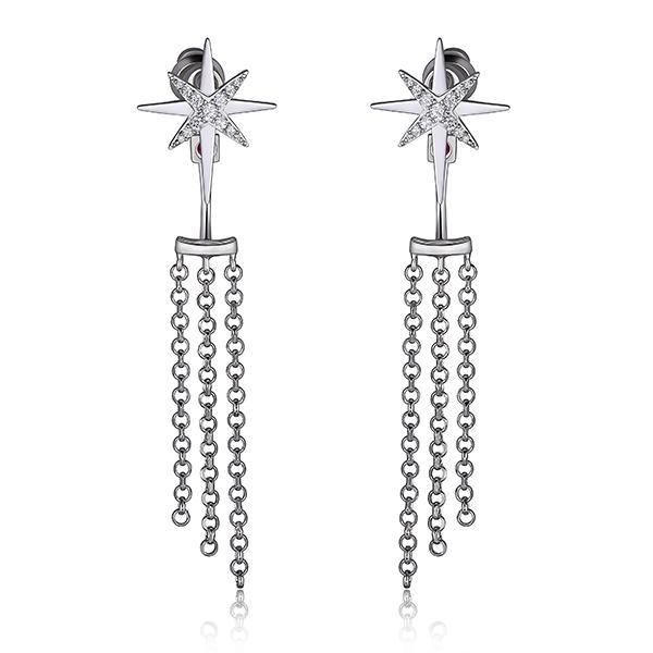 ER2LC5200-W Sterling Silver  2 in 1 Cubic Zirconia North Star Tassel Post Front and Pack Post Earrings