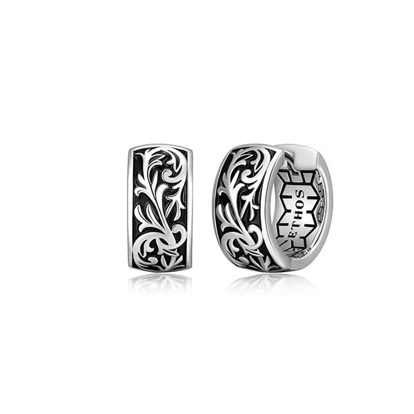 Sterling silver CJ Ethos CHISEL rhodium plated with black oil intaglio 16mm hoop earrings
