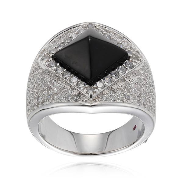 RR4L90927-W-8 Sterling Silver NEFER Black Agate and Cubic Zirconia Ring Size 8