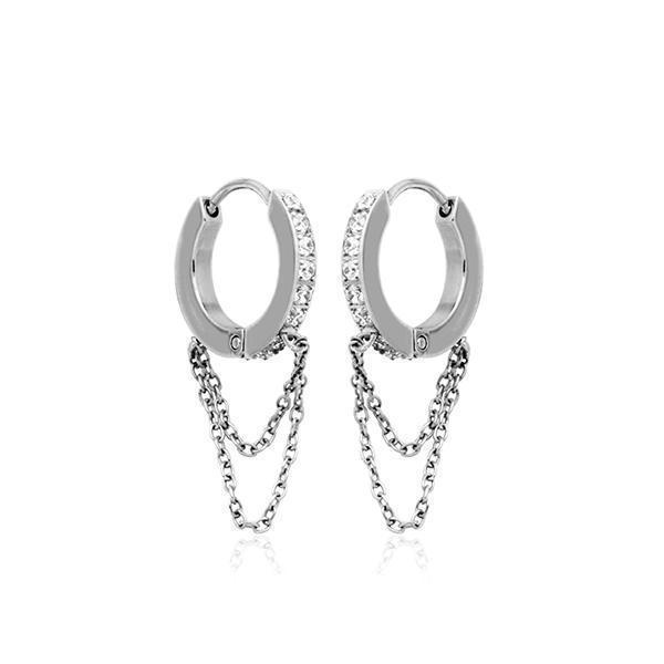 CJ Steelx 14.5mm CZ and Double Chain Huggie Hoop Earrings - Silver