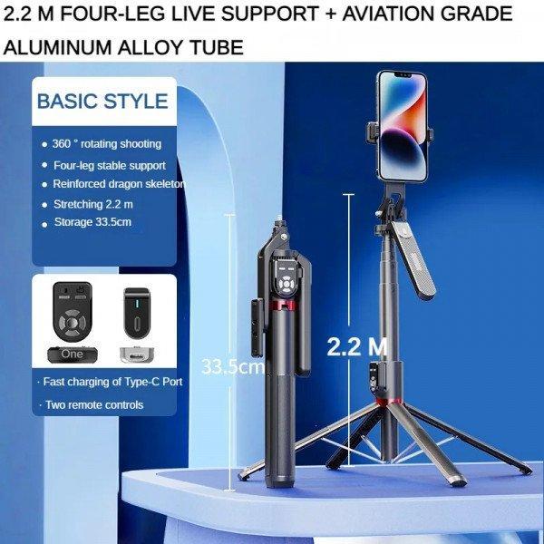 Professional Heavy Duty 86 inches Selfie Stick and Extendable Quadpod Phone Stand with 360° Swivel and 2 Wireless Remote Controls p320 for Universal Cell Phones - Black