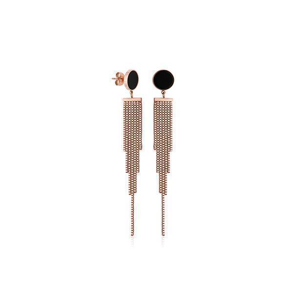 CJ Steelx Black Enamel Dot Tassel Earrings - Rose Gold
