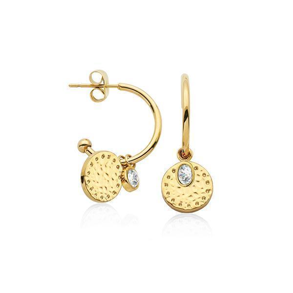 CJ Steelx Disc and Clear Crystal Hoop Earring in IP Gold