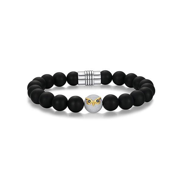 Sterling silver CJ Ethos STRATA 10mm genuine black agate beads & owl bracelet
