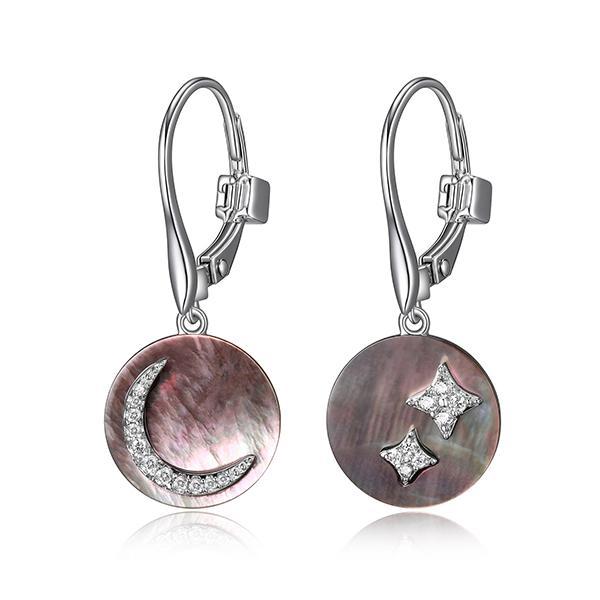 ER2LCD1A9-W Sterling Silver Moon and Stars Grey Mother of Pearl Leverback Earrings