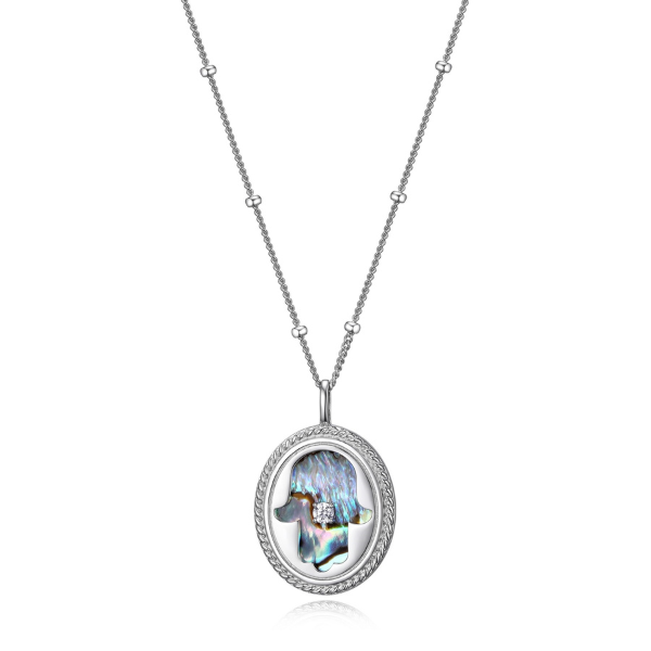 NR0LBJYA-W Protec Me  Hamsa Abalone Shell and CZ Necklace