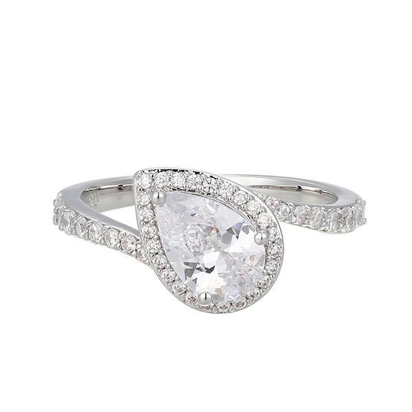 RR4ATH600-W-6 Sterling Silver Cubic Zirconia Pear Shape Halo Bypass Ring Size 6