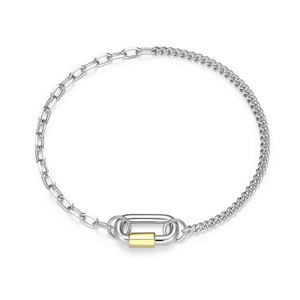 BR1ADV0A0-2T-7.25 Sterling Silver Carabiner Link Half Cable and Curb Chain Two Tone Bracelet