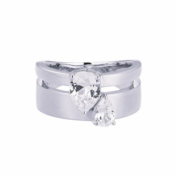 RR4AT7B00-2T-9 Sterling Silver Cubic Zirconia Pear Shaped Wide Band Two Tone Ring Size 9