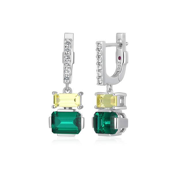 ER2LCTV61-W Sterling Silver PUZZLE Emerald and Yelllow Created Sapphire Cubic Zirconia Hoop Earrings