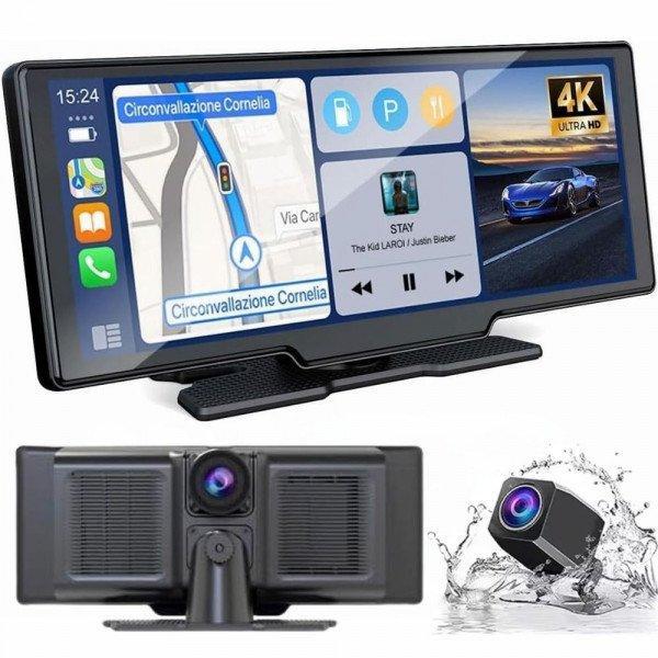 10.26" Apple CarPlay & Android Auto Display with 4K Dash Cam, GPS Navigation System with Back View Camera for Universal Cell Phone - Black