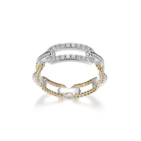 RCGR4Q035-2T-7 Sterling Silver "PAPERCLIP" Rope and Cubic Zirconia Link Ring - Silver and Gold