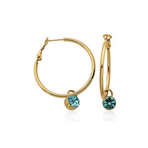 CJ Steelx IP Gold 35mm Stainless Steel Hoop Earring with Removable Aquamarine Swarovski Crystal Charm