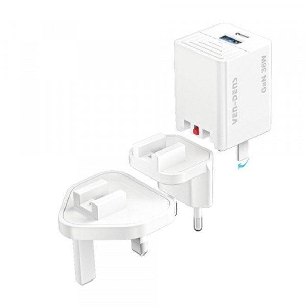 36W Dual Port USB-C PD & USB-A QC3.0 Fast Charging Travel Wall Charger with Interchangeable US/UK/EU Plugs for Universal Cell Phone, Device and More - White