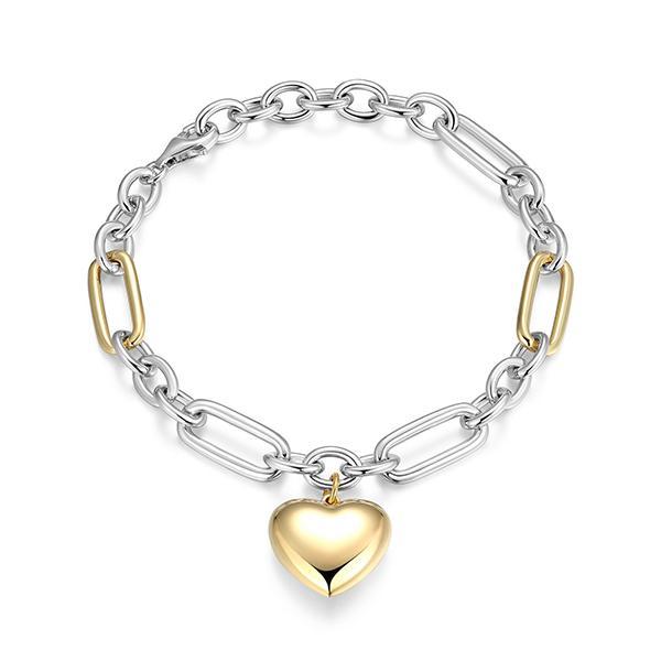 BR1AD27A0-2T-6.75 Sterling Silver Puffy Heart Charm Link Two Tone Bracelet Size 6.75