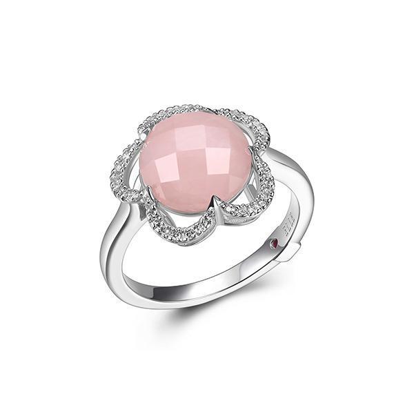 RR4LAAY32-W-7 Sterling Silver ROSE Rose Quartz and Cubic Zirconia Flower Ring Size 7