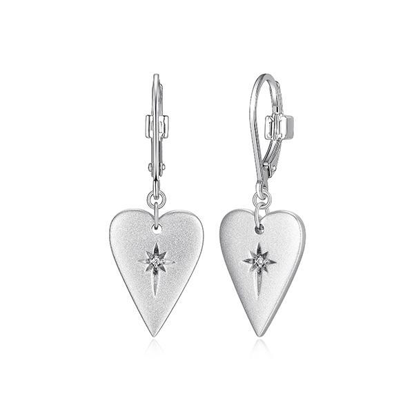 ER2LCS400-W Sterling Silver LONG LOVE Elongated Heart with Cubic Zirconia Accent Leverback Drop Earrings